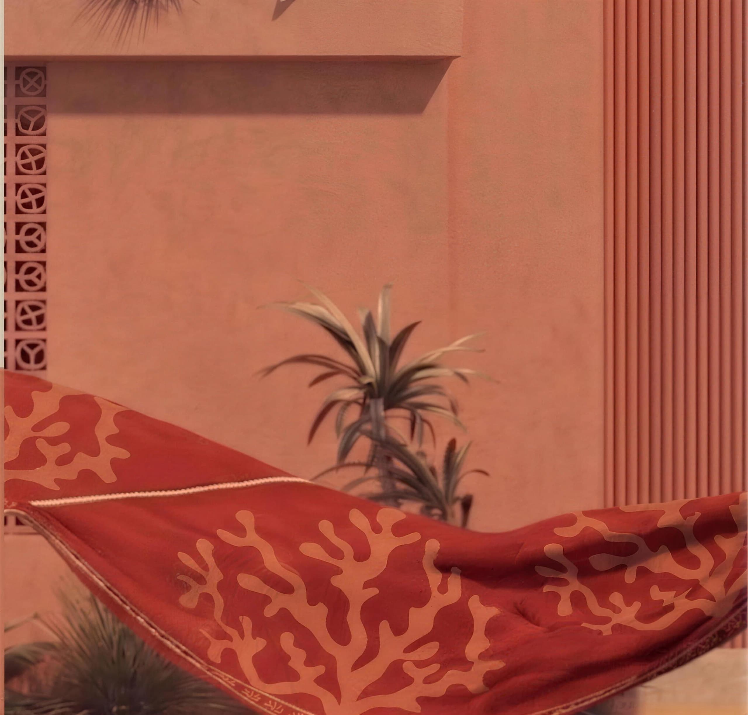 A coral-patterned hammock strung between terracotta walls at Coral Coves