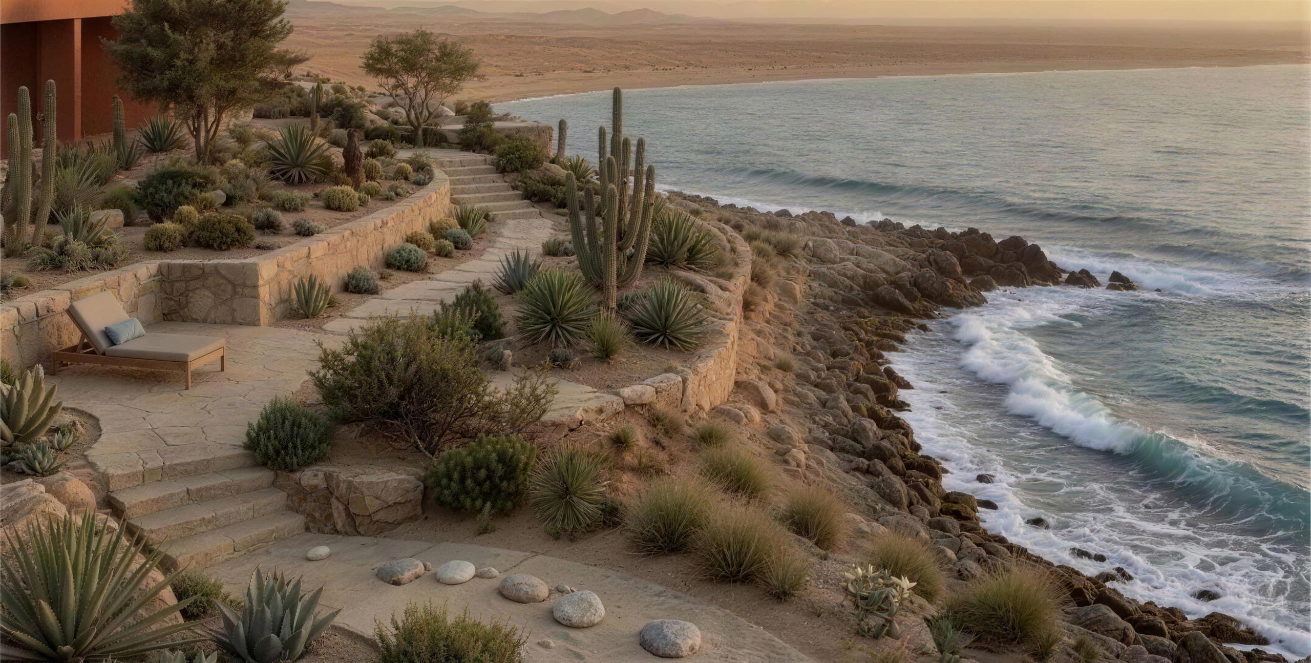 Stone terraces and desert planting stepping down towards the Red Sea at Coral Coves