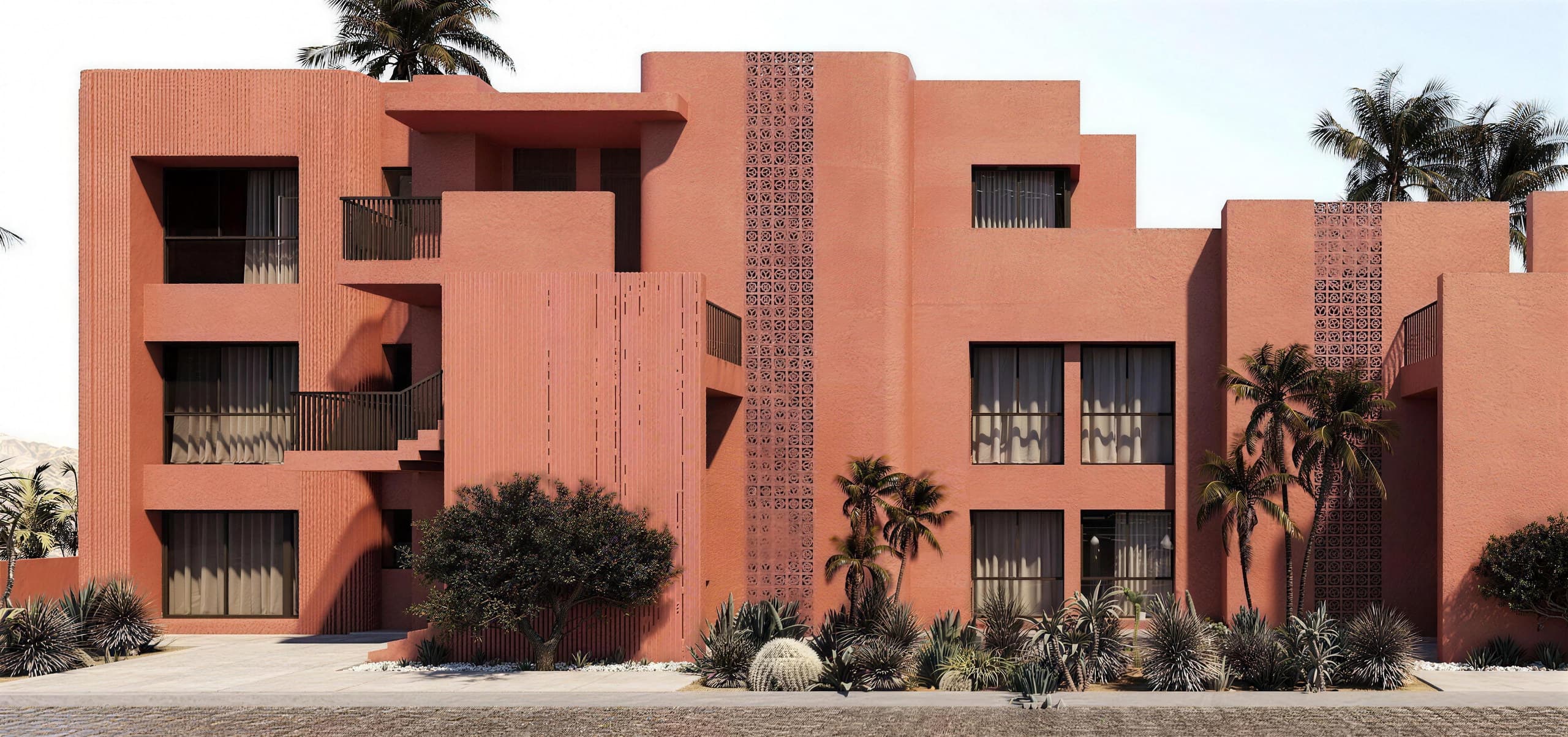 Elevation of Coral Apartments B6 — stepped terracotta volumes with vertical fluting, perforated screen blocks and deep balconies