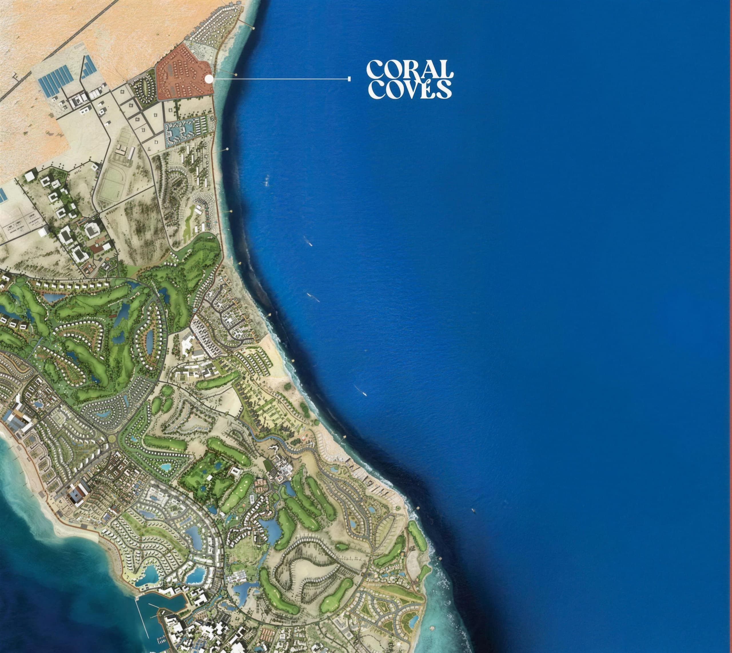 Satellite view of the Somabay peninsula on Egypt's Red Sea coast, with Coral Coves marked on the northern shoreline
