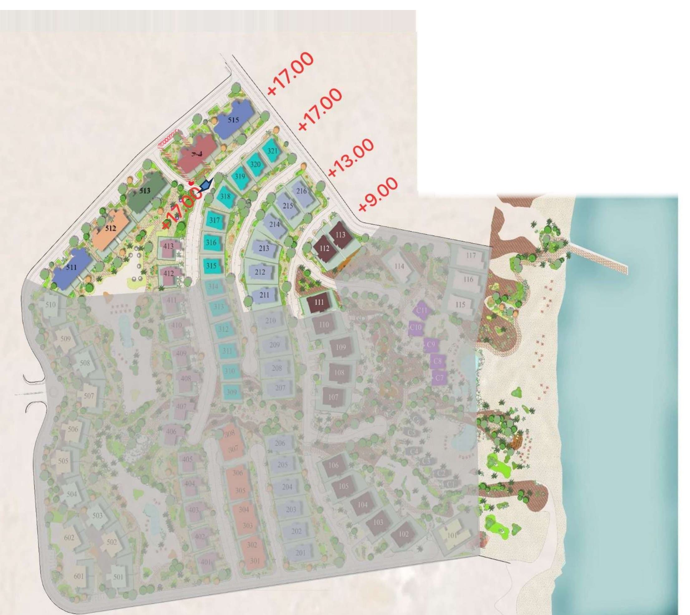 The Coral Coves masterplan showing residence clusters along the Red Sea shoreline